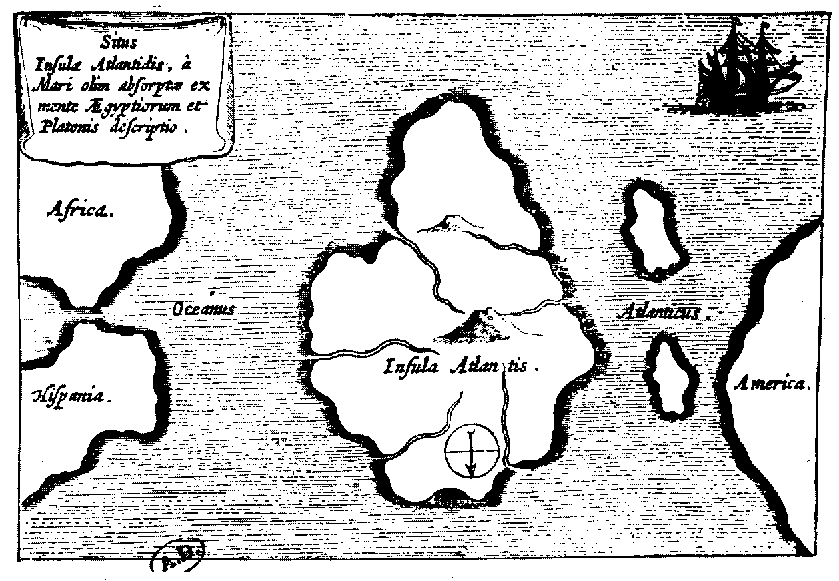 Mappa immaginaria di Atlantide tratta dal Mundus Subterraneus di Athanasius Kircher, pubblicato ad Amsterdam nel 1665, la mappa è orientata con il Nord verso il basso.