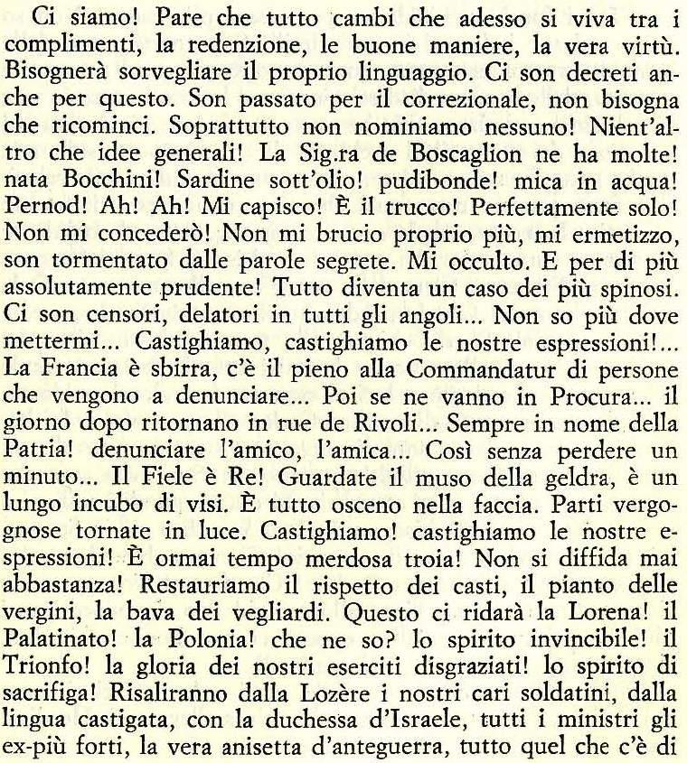 da Les beaux draps (1941) trad. Giovanni Raboni e Daniele Gorret, in Mea Culpa. La bella rogna, Milano, Ugo Guanda, Milano 1982, 201 p. [coll. Biblioteca della Fenice, 44] 